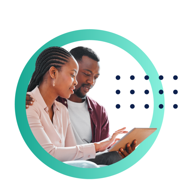 An image showing a happy couple using a tablet inside a bright green circle representing the color of Experlogix Document Automation.