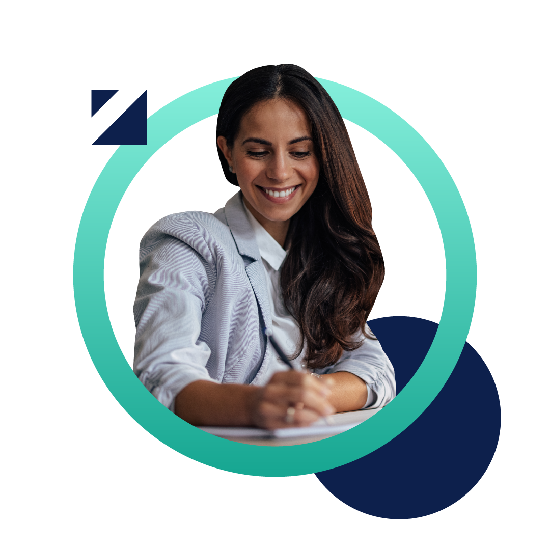 An image showing a smiling business woman writing on her desk inside a bright green circle representing the color of Experlogix Document Automation.