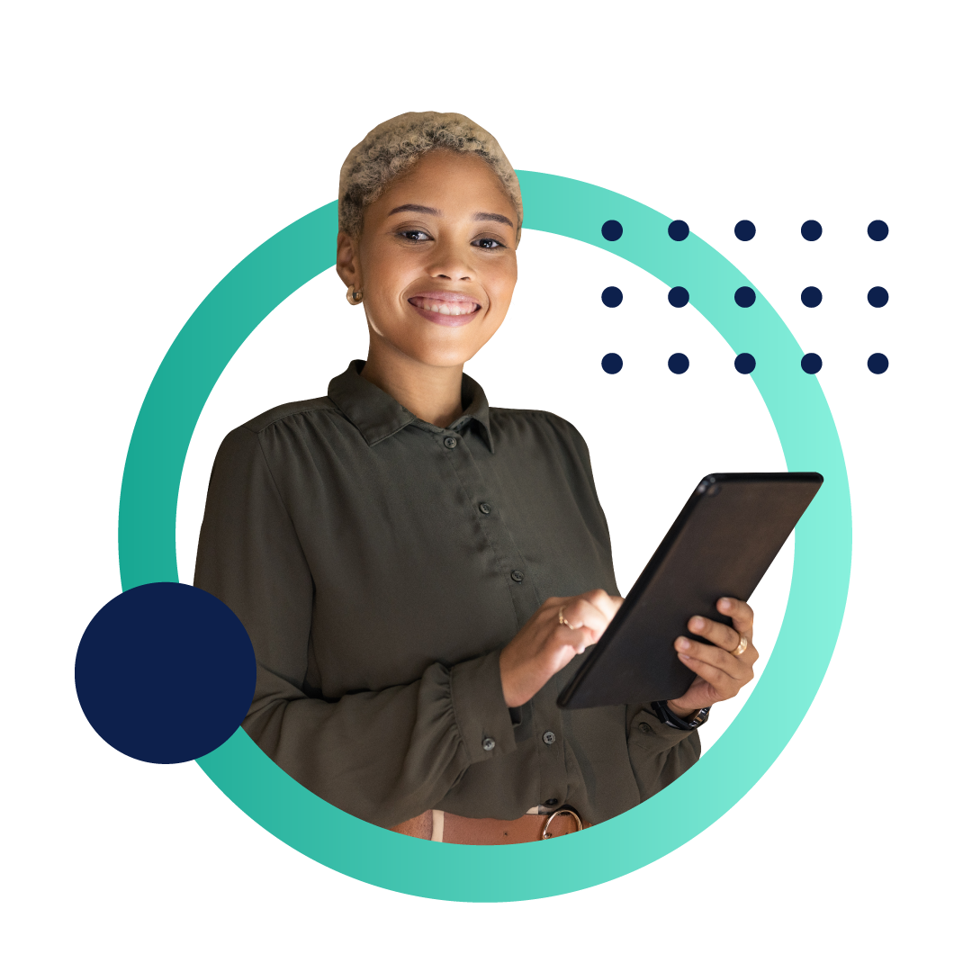 A woman smiling and holding a tablet while using Experlogix Document Automation API integration.