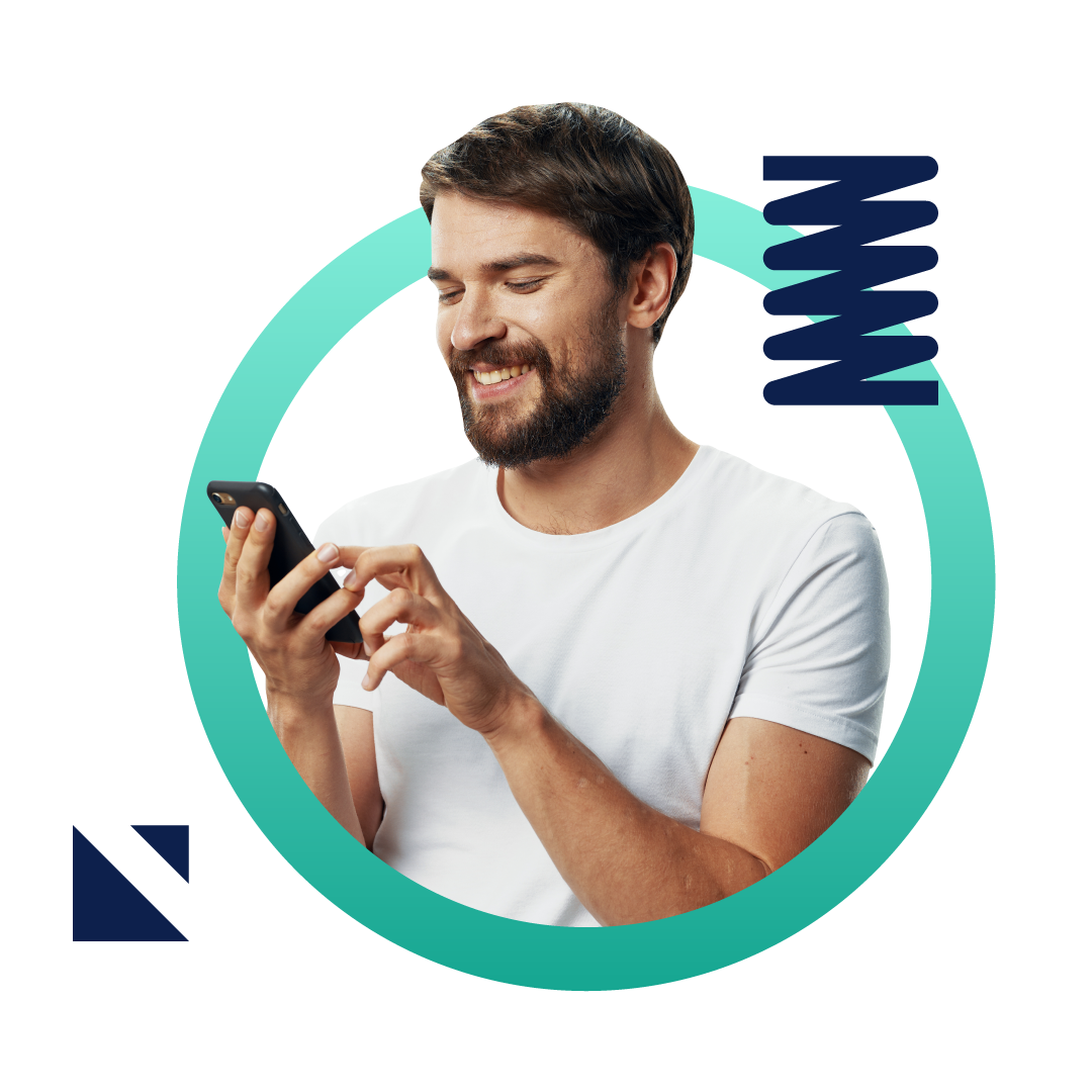 A man smiling and holding a phone while using Experlogix Document Automation API integration.