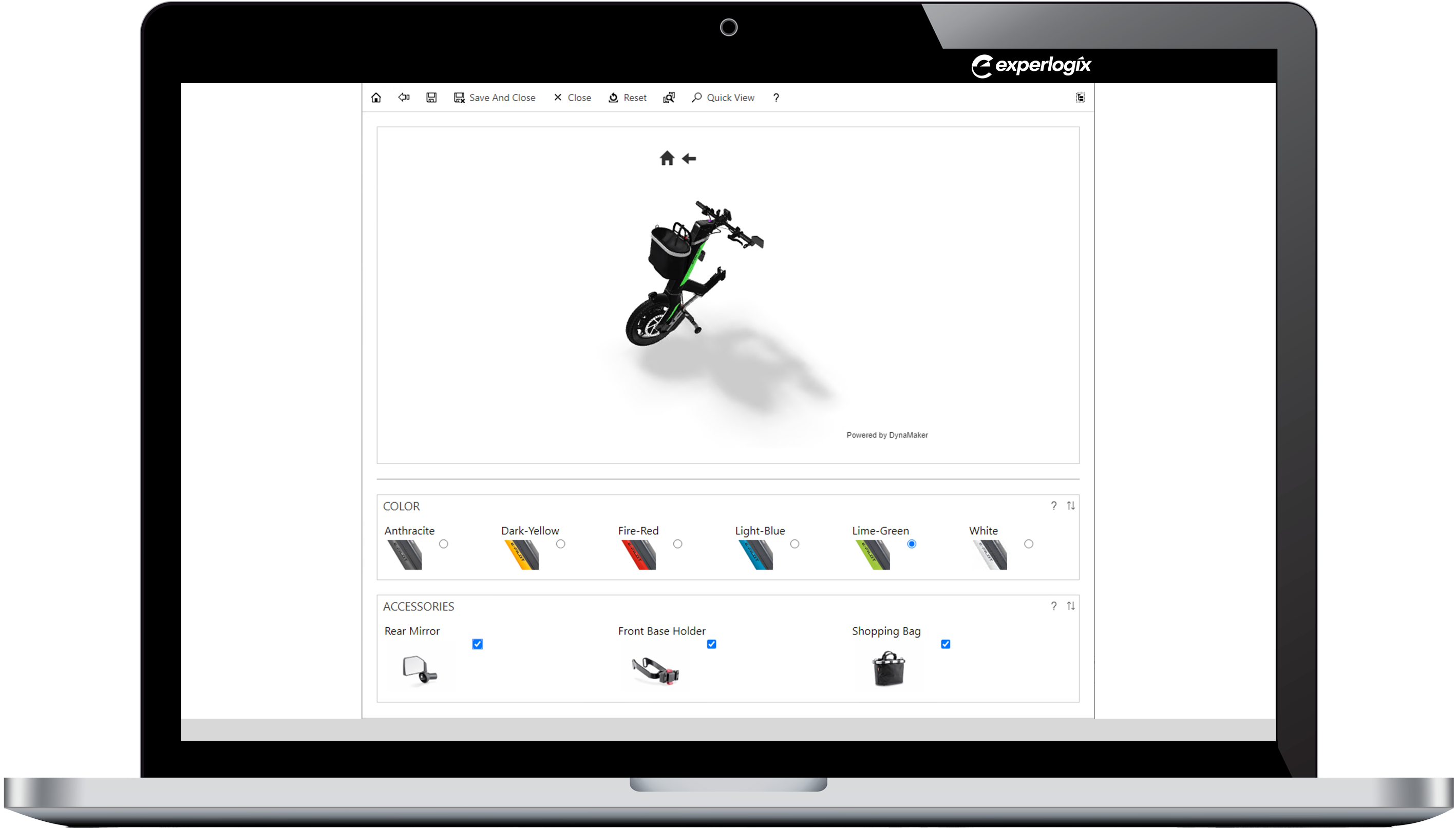 Experlogix 2D and 3D screenshot in a laptop showing a bike with different color choice options.