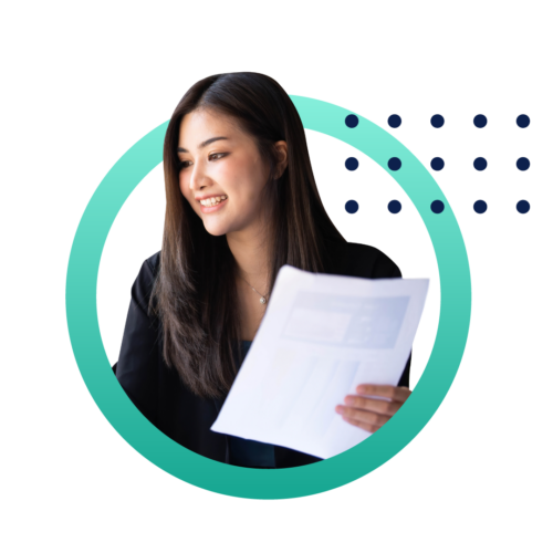 A business woman smiles as she holds a document at her workplace. The image is designed inside a green gradient circle.