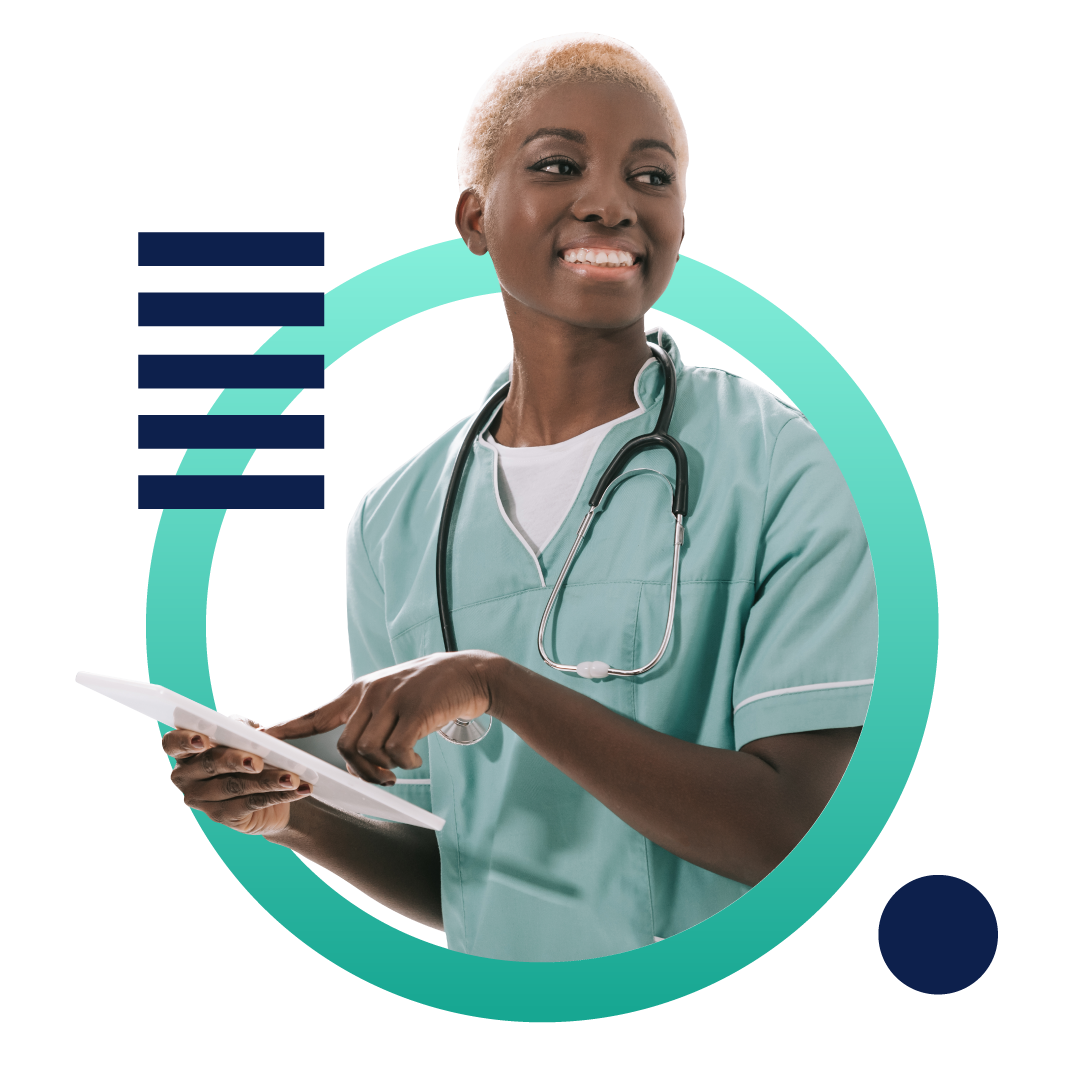 A medical professional women smiling and pointing to a tablet at her workplace. The image is placed inside a graphic green circle.