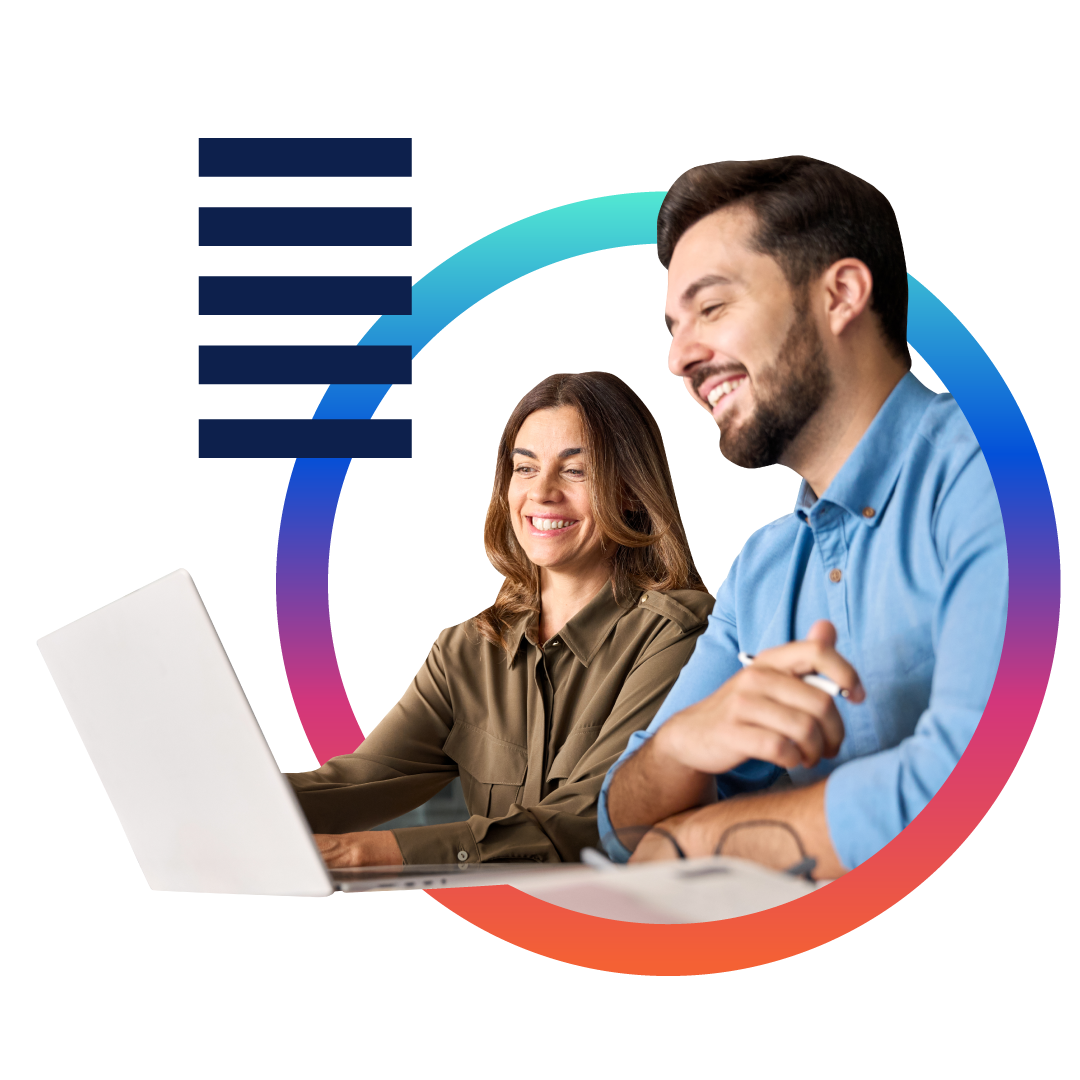 Experlogix company overview page. The image depicts a man and woman smiling in front of a laptop inside a bright, gradient circle.