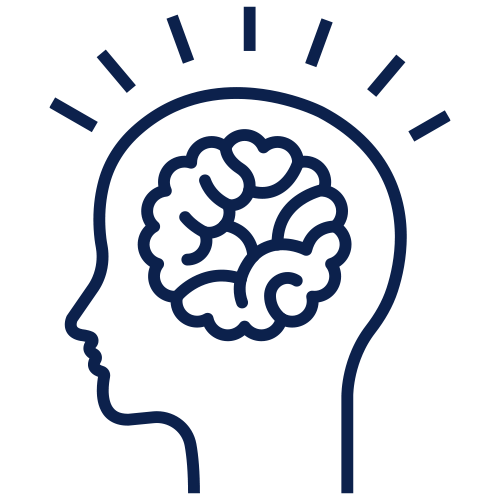 A navy blue icon of the outline of a human head with an illuminated brain, indicating intelligence or AI.