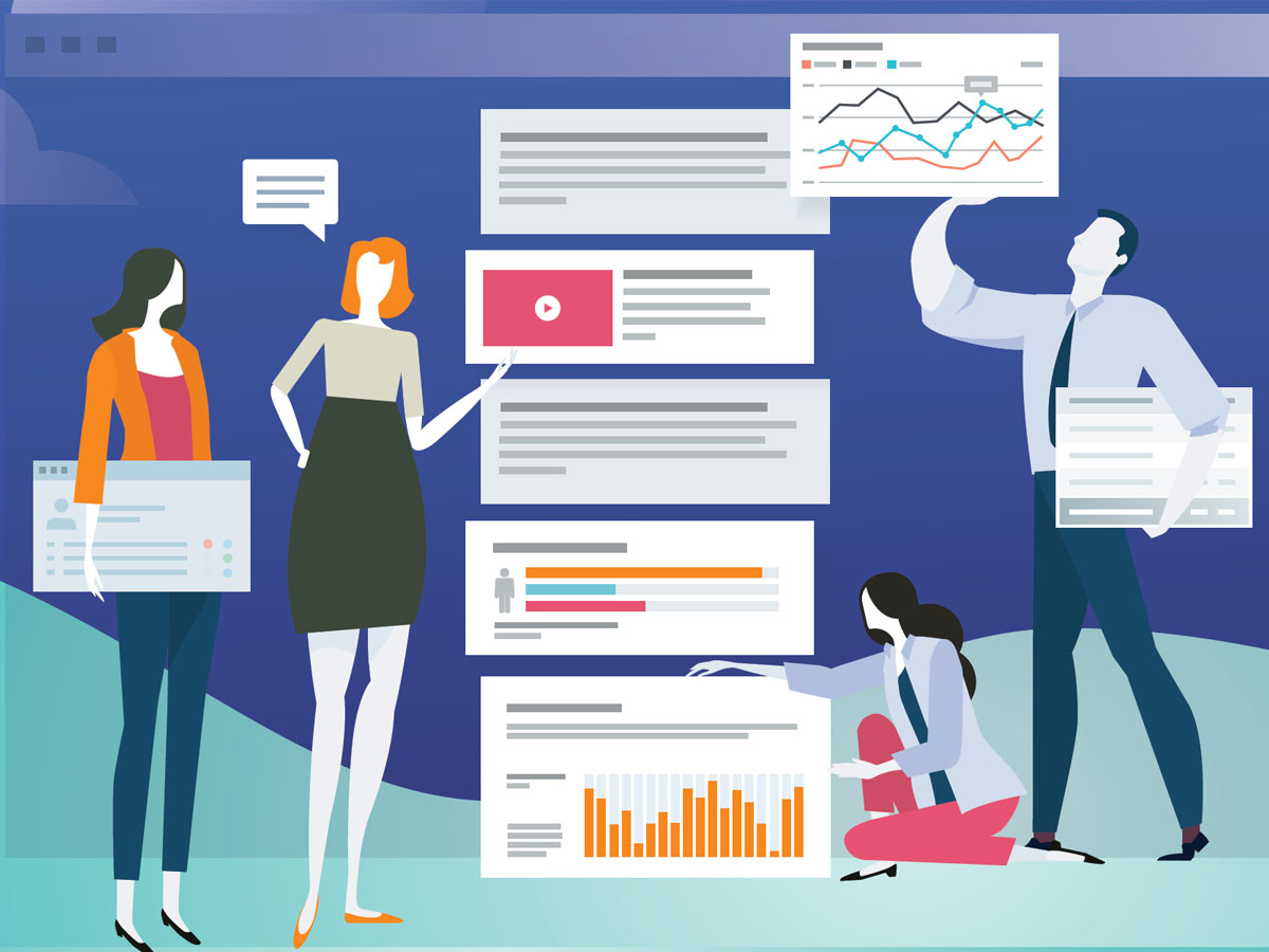 Illustration of diverse professionals collaborating on digital documents and data analysis, symbolizing the integration of Microsoft Dynamics 365 and Experlogix Document Automation for enhanced business management