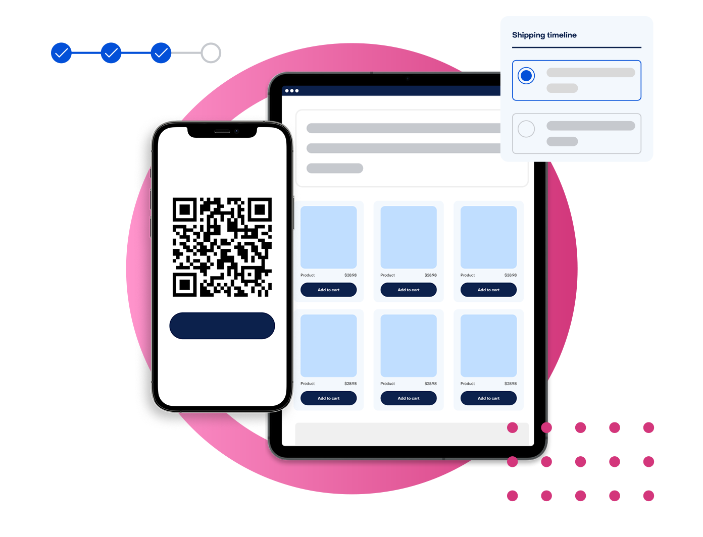 Experlogix Digital Commerce product illustration. The image shows a mobile phone with a QR code and a tablet with a product listing page.