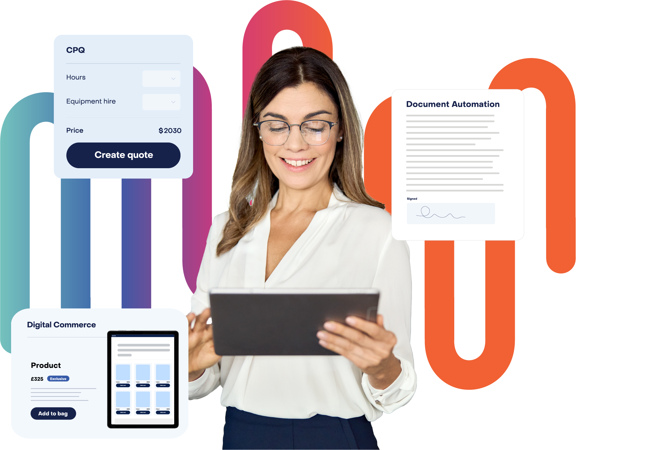 Experlogix Business Product Suite represented in an image with modules for digital commerce, CPQ, document automation surrounding a woman smiling and looking at a tablet.