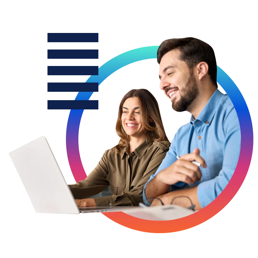 Experlogix company overview page. The image depicts a man and woman smiling in front of a laptop inside a bright, gradient circle.