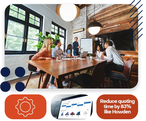 An office with cool lighting and business coworkers sitting at a table in a meeting.