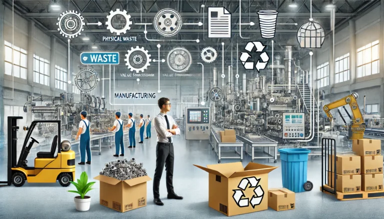 Modern manufacturing plant showcasing workers, machinery, and physical waste like cardboard boxes and plastic packaging. Visual elements highlight lean manufacturing principles such as continuous improvement, value stream mapping, and a pull system, with a focus on reducing waste and increasing efficiency. Clean, professional style similar to corporate blog visuals.