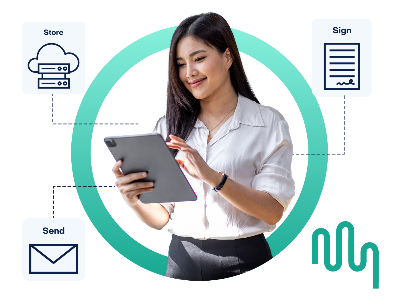 A business woman in a tan suit reading a document and sitting at her desk in front of a computer, inside of a designed green circle.