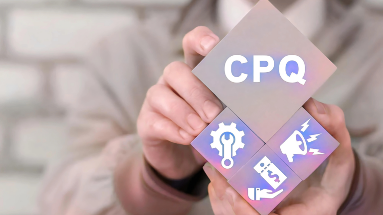 Hands holding blocks labeled CPQ with icons representing configuration, pricing, and quoting, symbolizing CPQ implementation