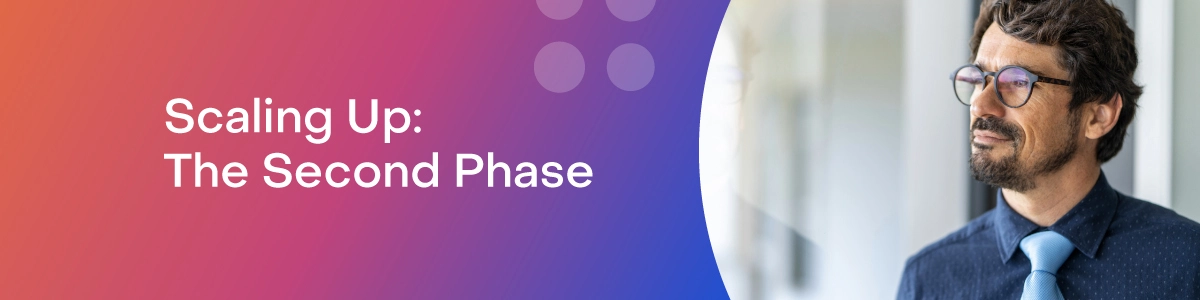 A man looking into the distance with the text