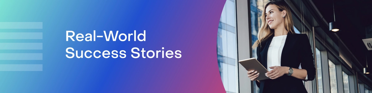 A business woman holding a tablet with the text