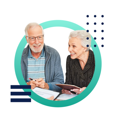 An image showing a happy, middle-aged couple inside a bright green circle representing the color of Experlogix Document Automation.