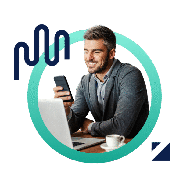 A business woman smiles as she holds a document at her workplace. The image is designed inside a green gradient circle.