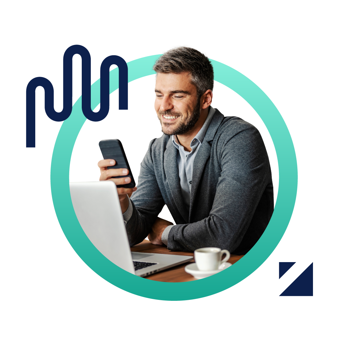 A business woman smiles as she holds a document at her workplace. The image is designed inside a green gradient circle.