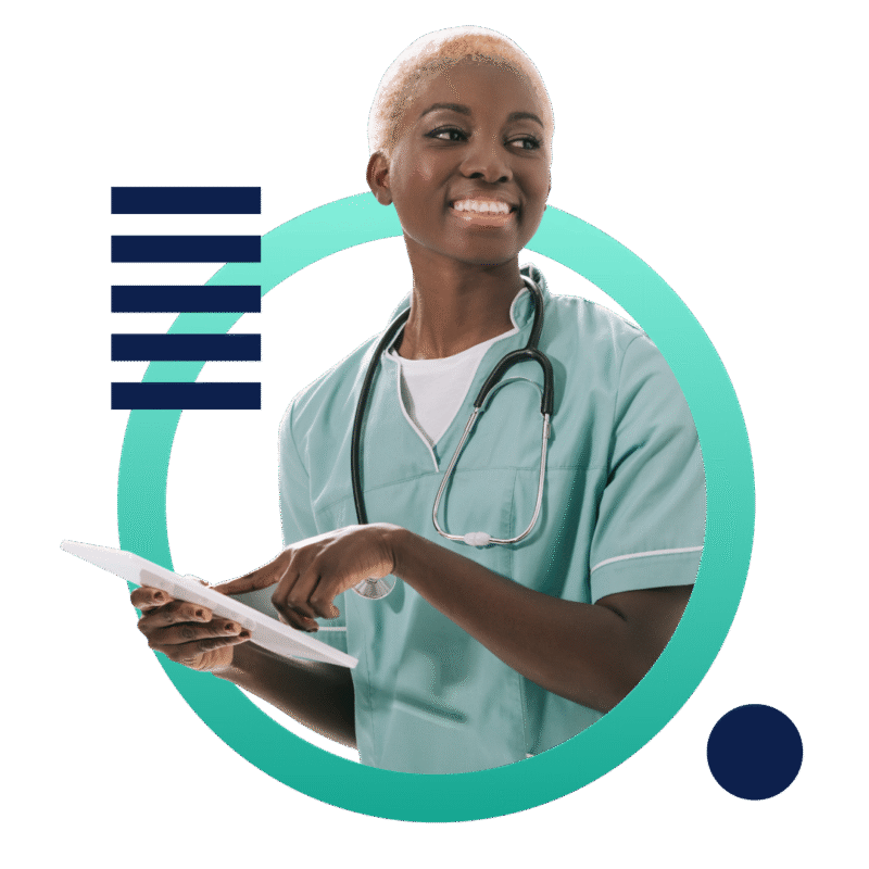 A male doctor in a white coat working at his desk on a laptop. The image is placed inside a graphic green circle.