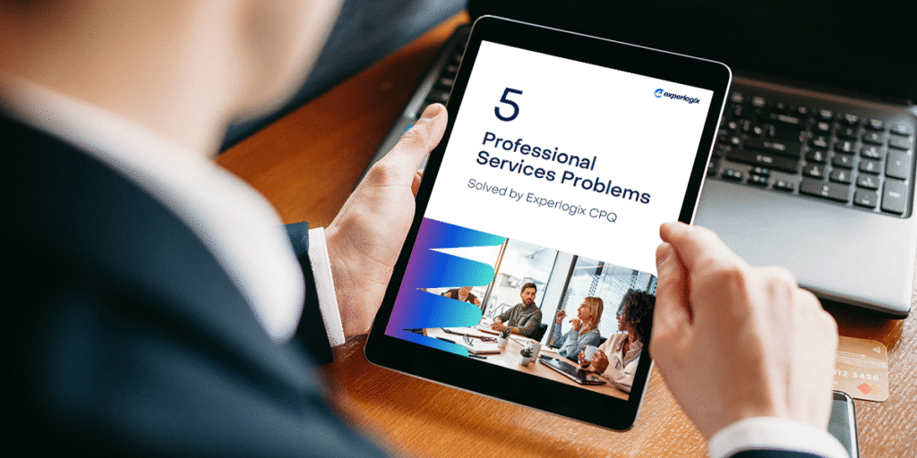 A professional business person sitting at a desk and looking at an eBook on a tablet. The eBook says, "6 Problems Professional Services Firms Can Solve With Experlogix".