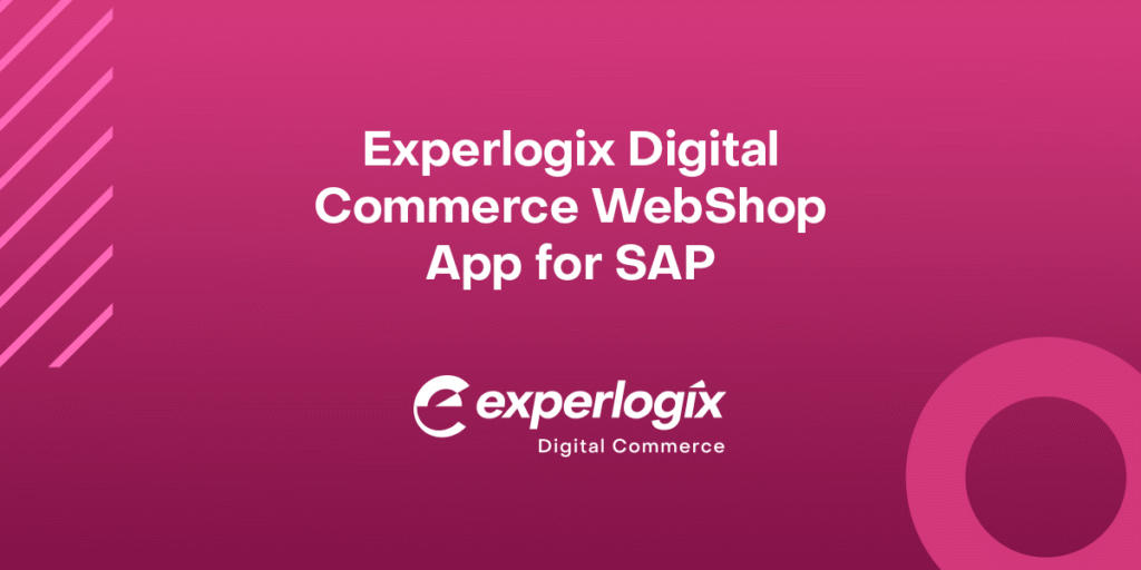 Pink gradient background with the Experlogix Digital Commerce logo and text that says, "Experlogix Digital Commerce WebShop App for Brightpearl by Sage."
