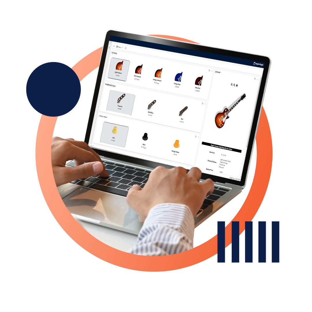 A business woman in a tan suit reading a document and sitting at her desk in front of a computer, inside of a designed green circle.