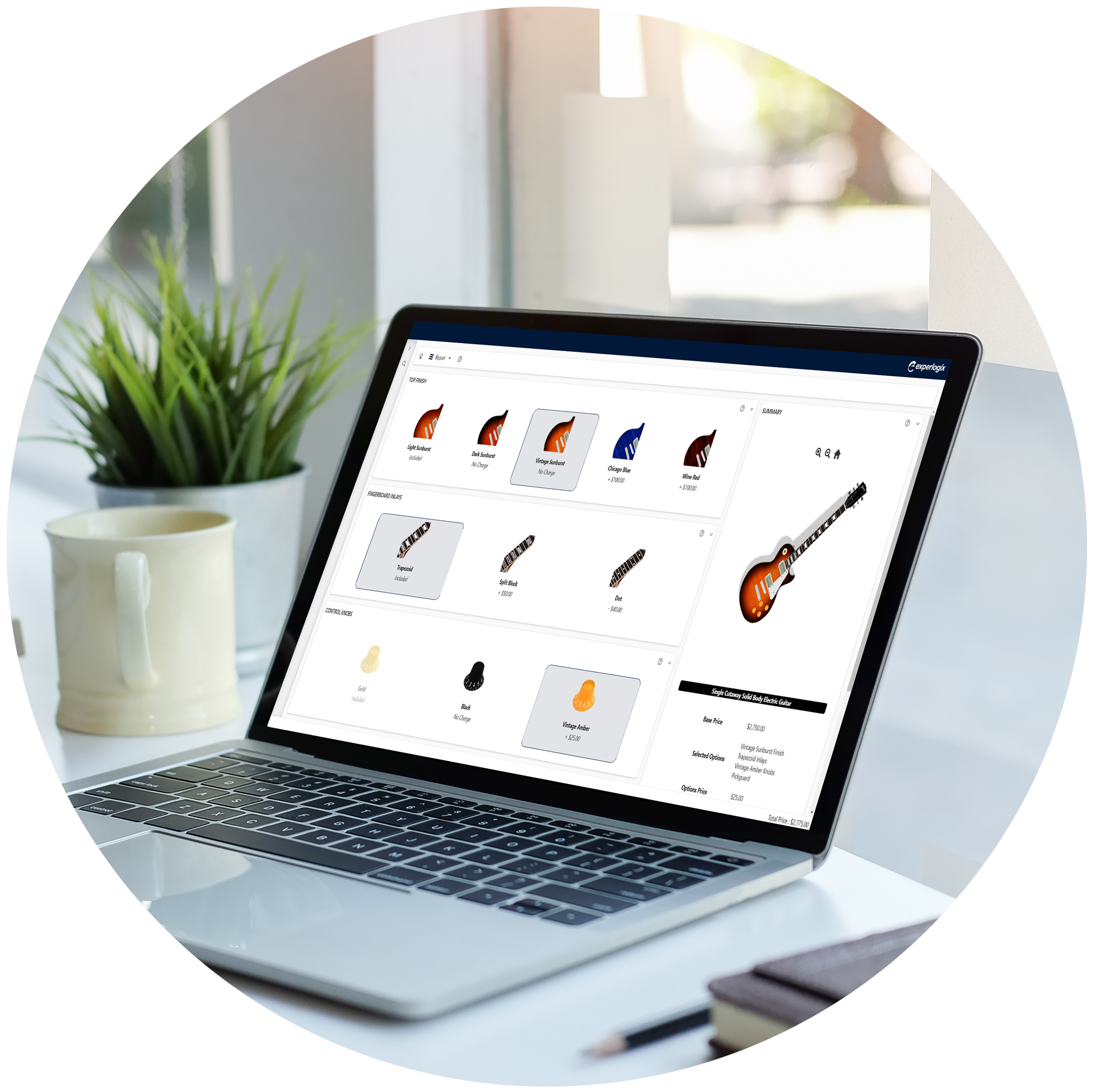 A business woman smiling and writing on a document while working at her desk on a laptop, all placed inside of a designed green circle.