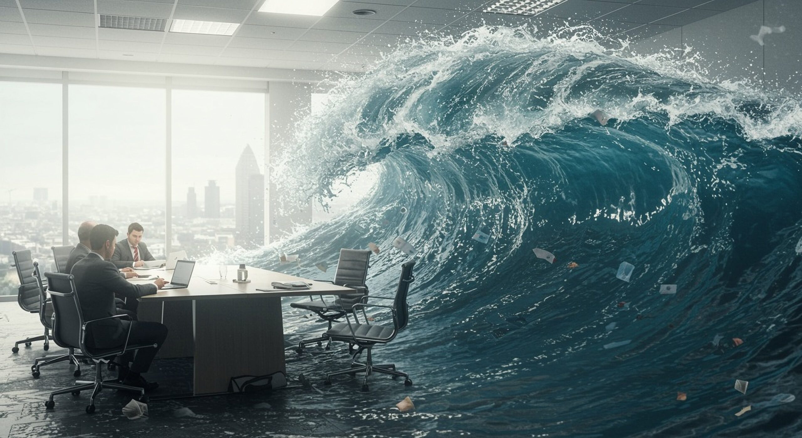A conference room in a skyscraper office with three business people sitting at a table. On the other side of the conference room, there is a tidal wave cresting toward the conference table and men working at the desk.