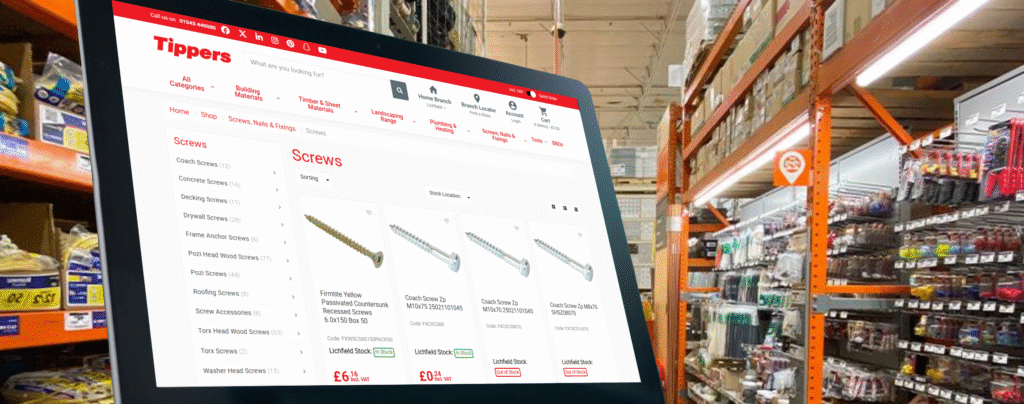 Tippers Builders Merchant eCommerce webshop integrated with Intact ERP showing screws product listing