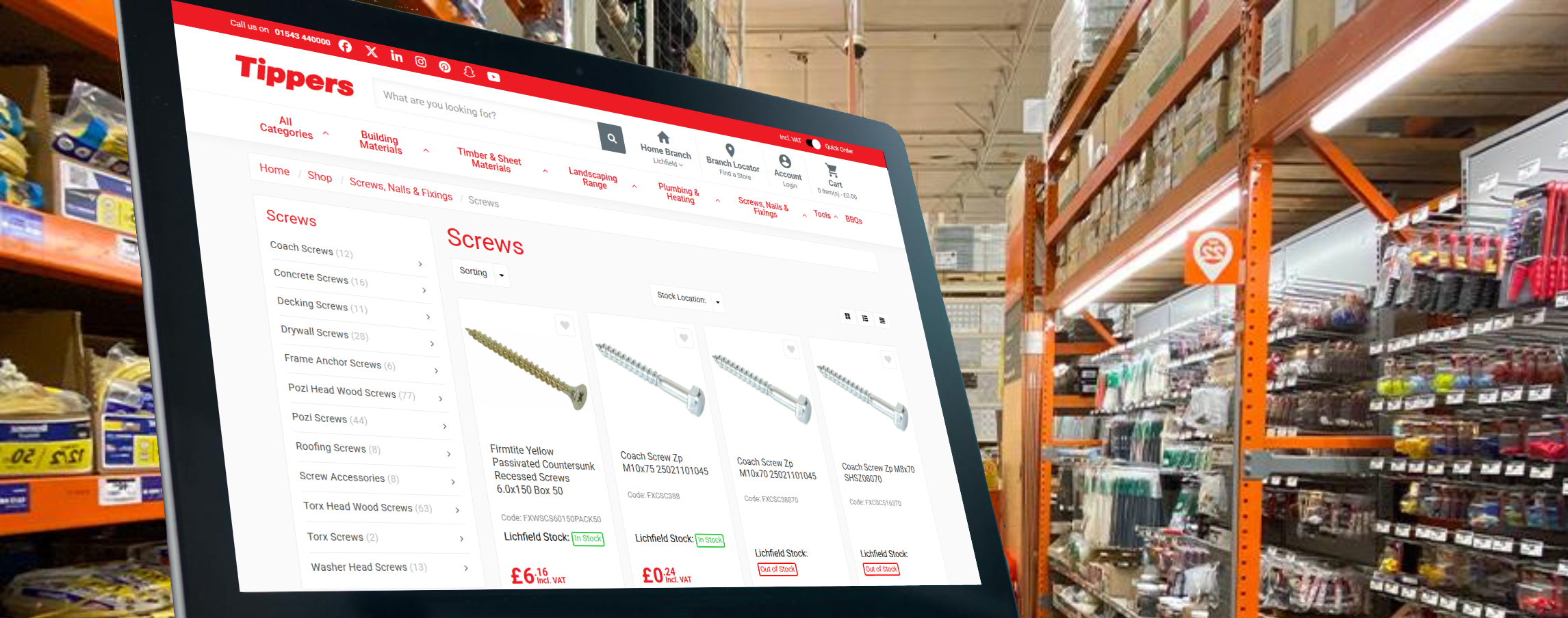 tippers_webshop_intactiq Tippers Builders Merchant eCommerce webshop integrated with Intact ERP showing screws product listing