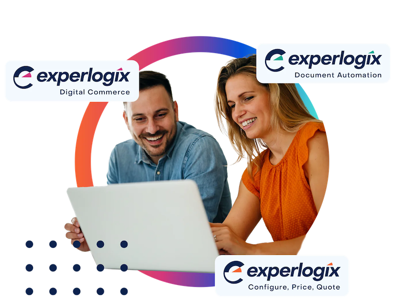 Configure, Price, Quote Experlogix product illustration showing a dashboard with a circle chart and a pop-up with configurable metrics such as percentages and a generate quote button.