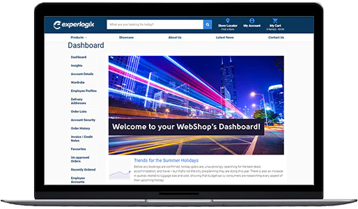 Experlogix Digital Commerce product screenshot in a laptop showing uniform management.