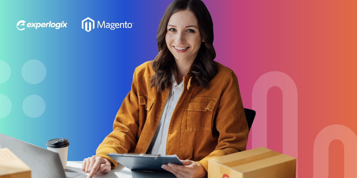 2467493_BlogYeslegacyeCommerce_02_092524 Experlogix and Magento logos with a woman smiling at a desk.