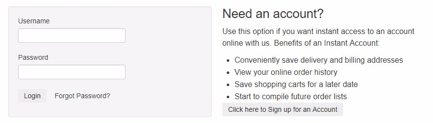 customer account login section with username and password fields