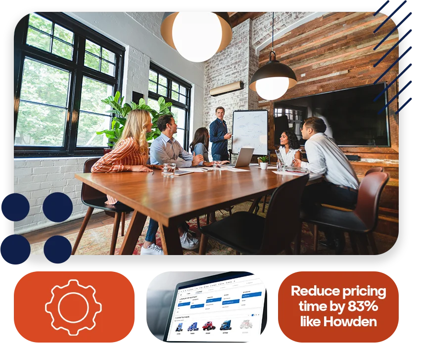 An office with cool lighting and business coworkers sitting at a table in a meeting.
