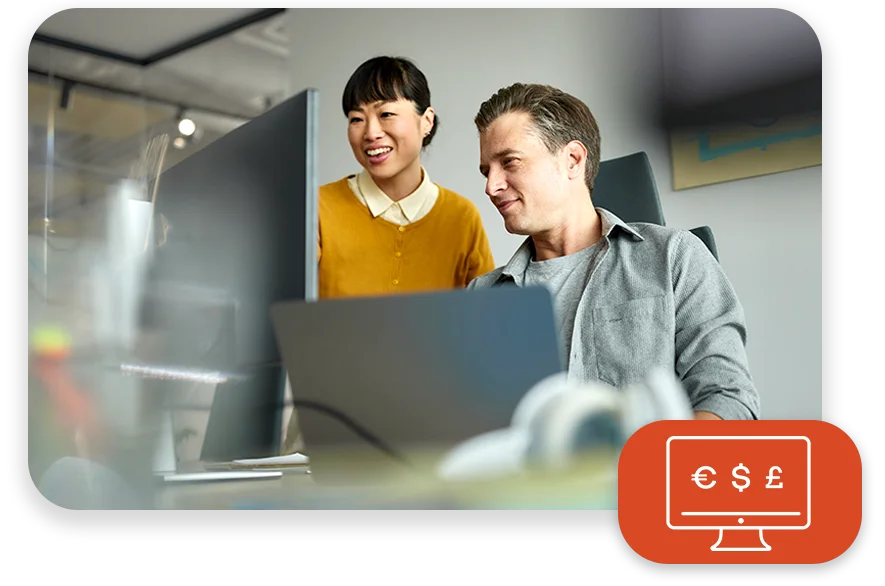 A pair of business people looking at a monitor in an office with an Experlogix CPQ screenshot and the words "Reduce pricing time by 53% like Howden."