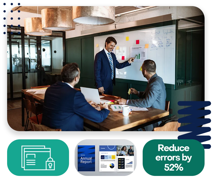 DA-Photo-with-two-patterns-three-modules1 A conference room with three businessmen collaborating and the text "Rude errors by 52%".