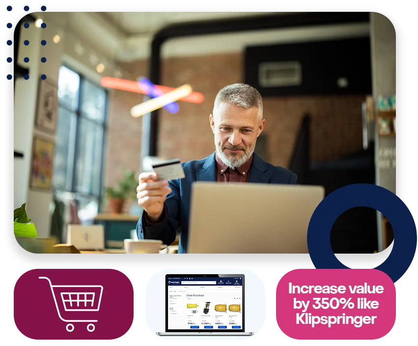 Business man using ecommerce to make a purchase at a coffee shop, along with the text "Increase value by 350% like Klipspringer".