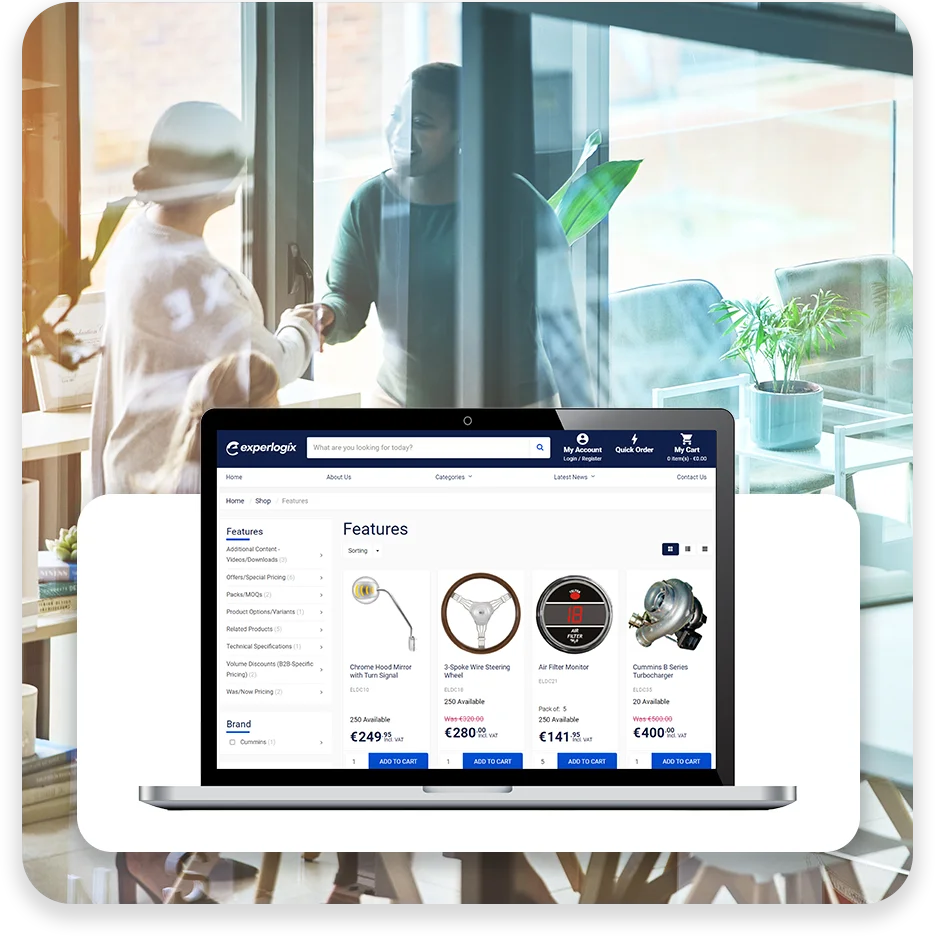 DC14.1 A background image of a conference room with two employees talking, with a foreground image of a customer portal screenshot of the Experlogix Digital Commerce product.