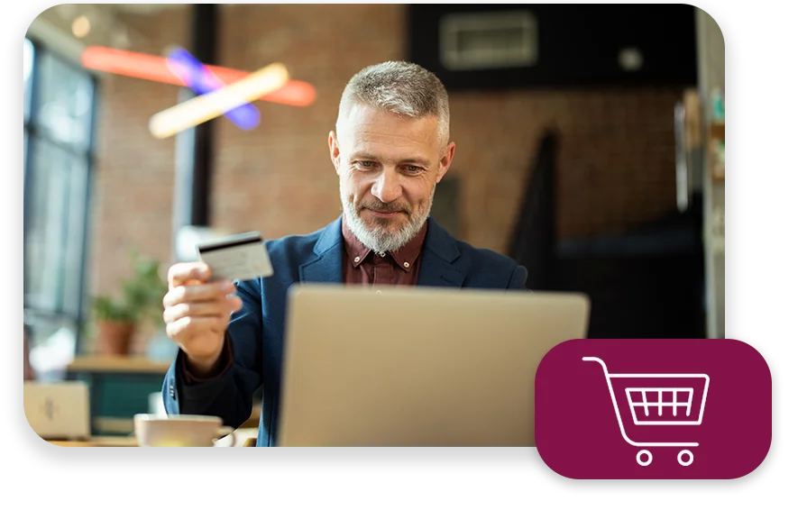 DC24.1 Business man using ecommerce to make a purchase at a coffee shop with a shopping cart icon.