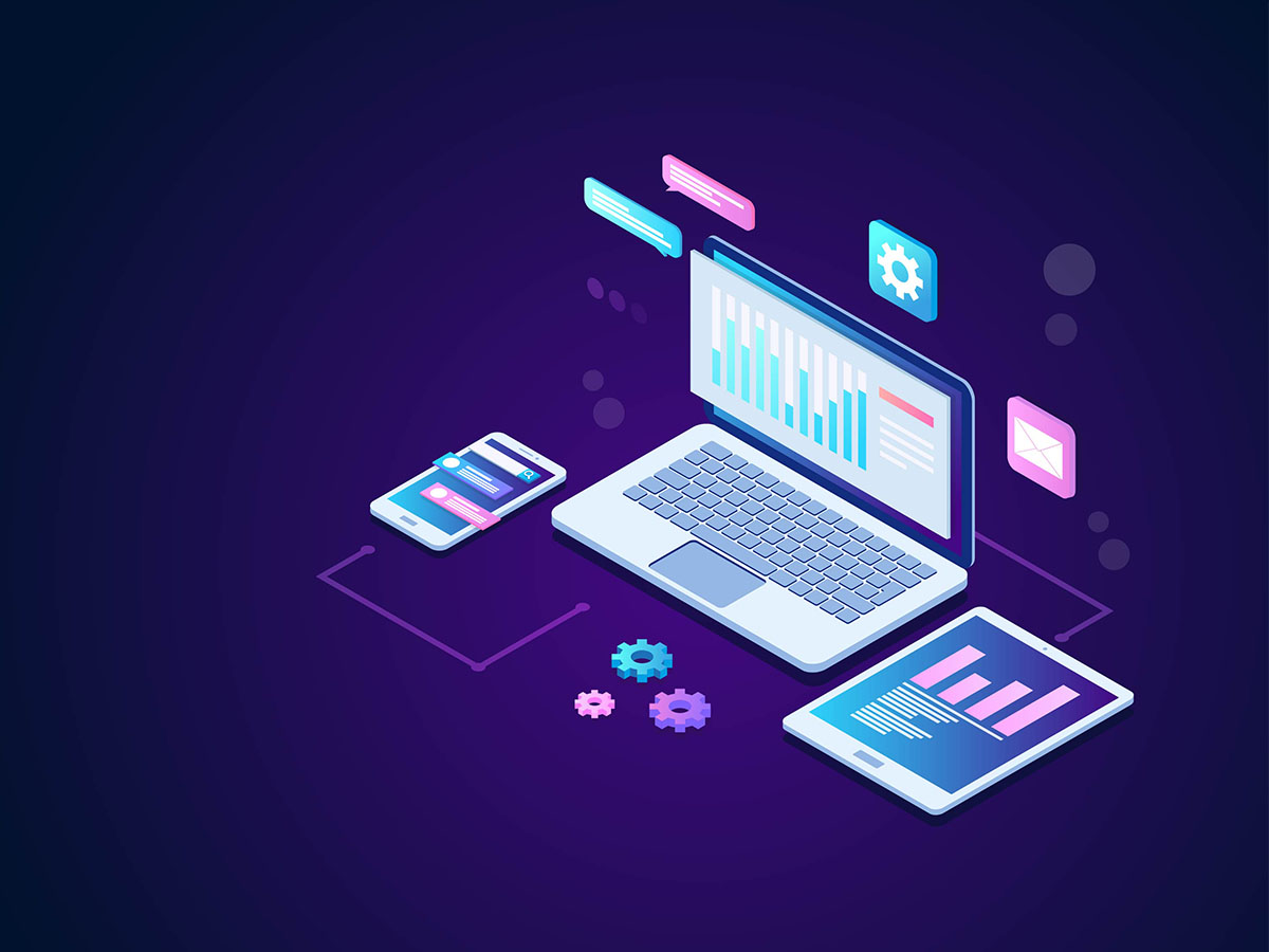 Do-You-Need-CPQ-for-CRM-and-ERP A digital computer, tablet, and phone all connecting via lines and gears.