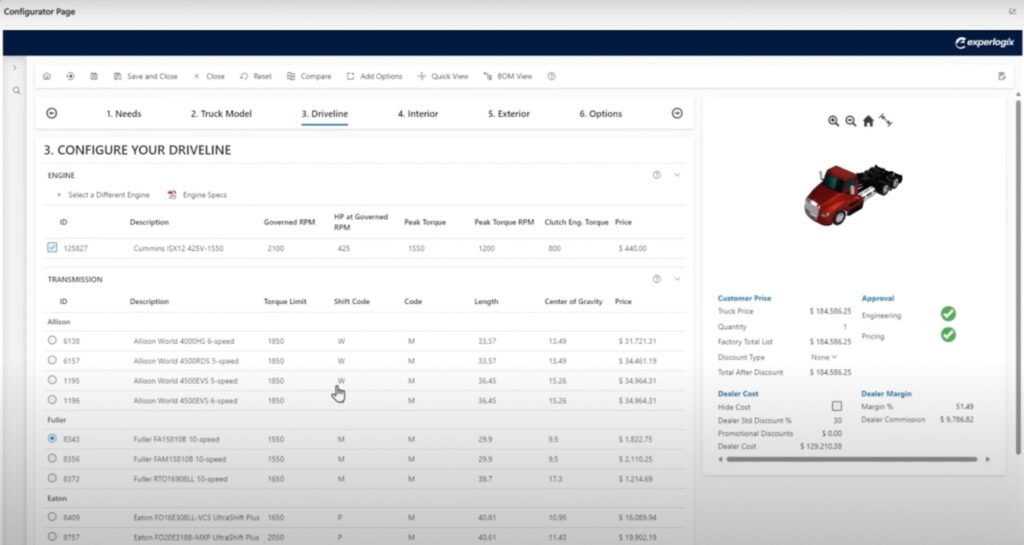 Experlogix CPQ interface with driveline configuration and ERP-integrated pricing logic.