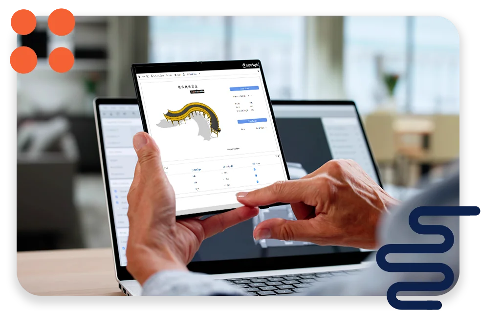 An office with cool lighting and business coworkers sitting at a table in a meeting.