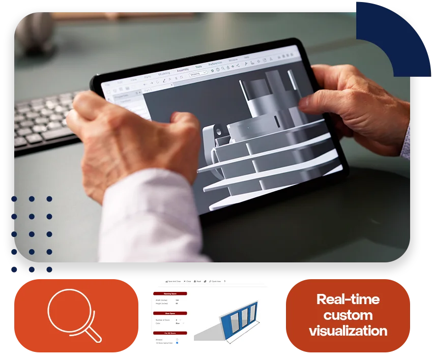 Experlogix 2D and 3D visualization software shown on a tablet, also with the text "real-time custom visualization".