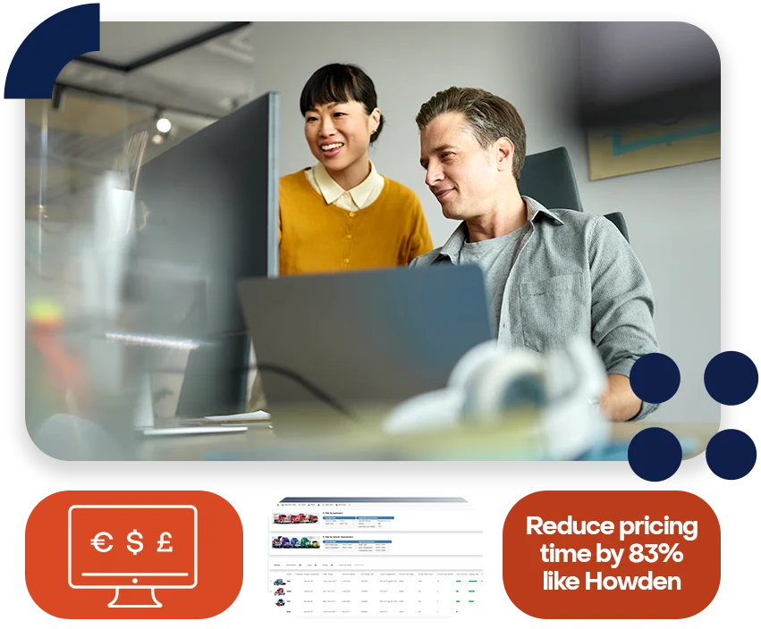A pair of business people looking at a monitor in an office with an Experlogix CPQ screenshot and the words "Reduce pricing time by 53% like Howden."