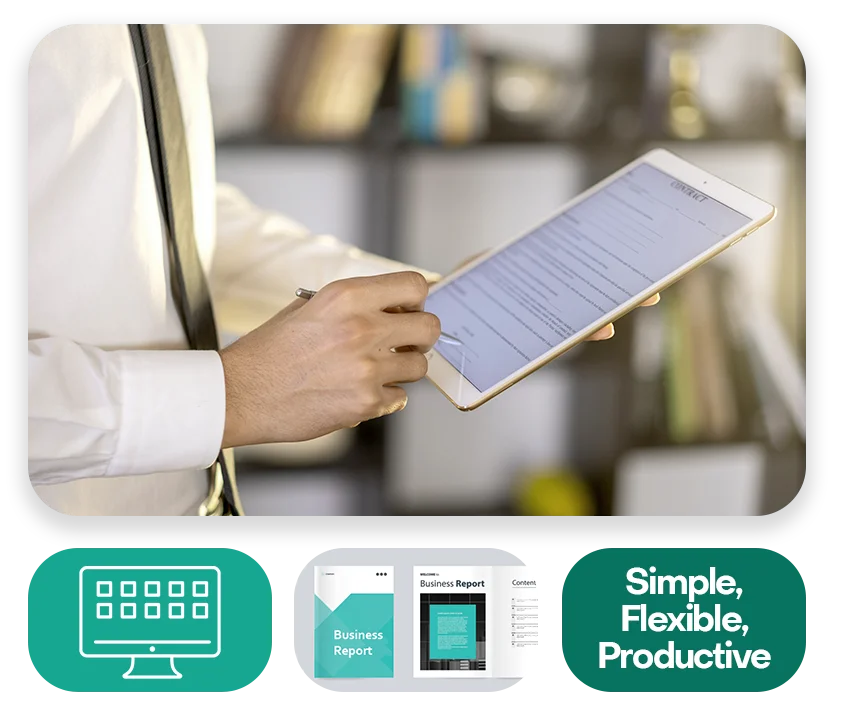 A conference room with three businessmen collaborating and the text "Rude errors by 52%".