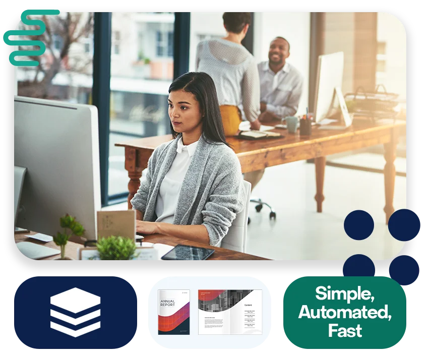 A conference room with three businessmen collaborating and the text "Rude errors by 52%".