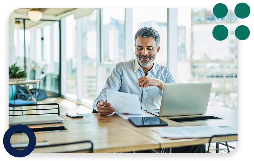 A conference room with three businessmen collaborating and the text "Rude errors by 52%".