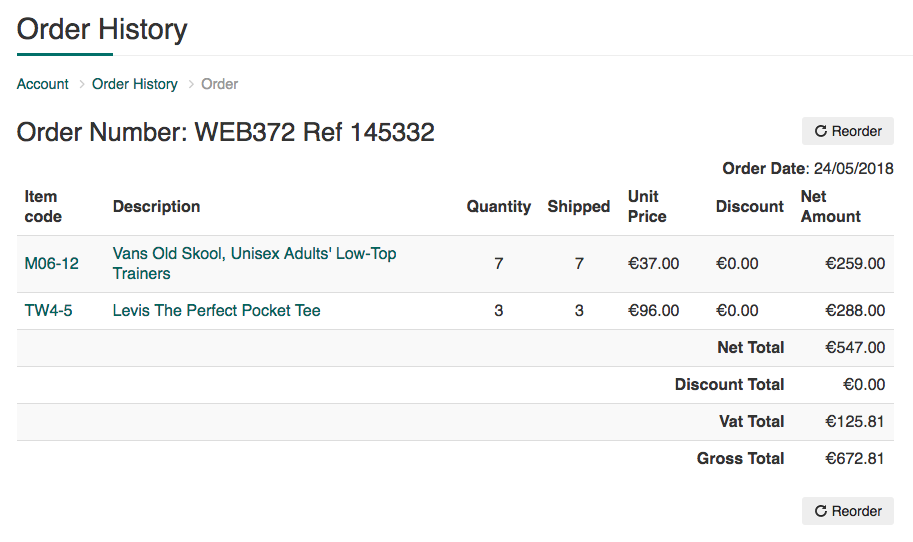 Order History information example
