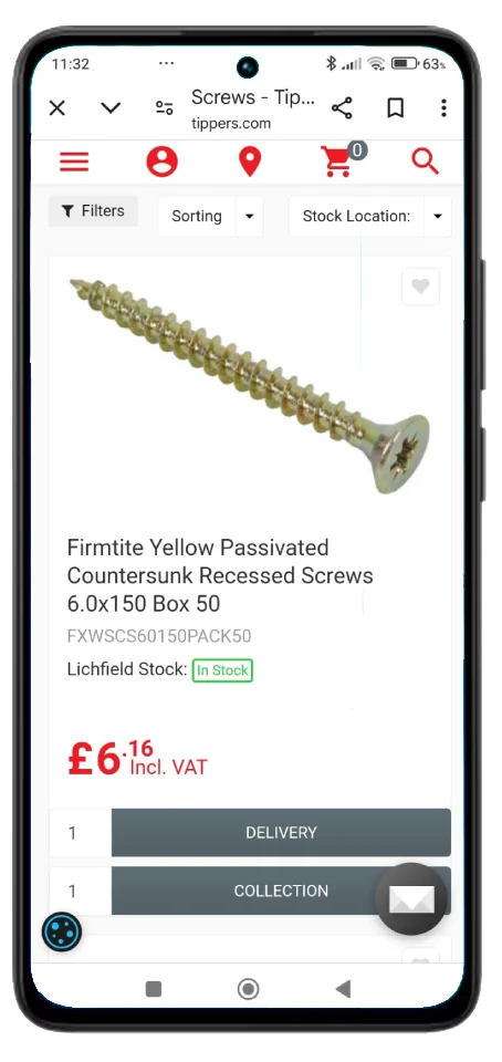 Tippers Builders Merchant eCommerce webshop integrated with Intact ERP showing screws product listing